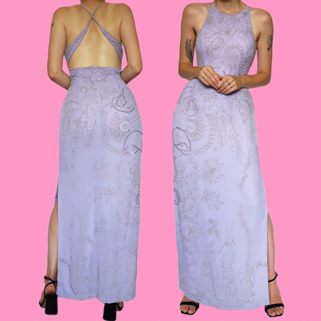 Lilac Heavily Beaded Open Back Evening Dress UK 16 Scum Vintage Lilac Heavily Beaded Open Back Evening Dress UK 16 Scum Vintage