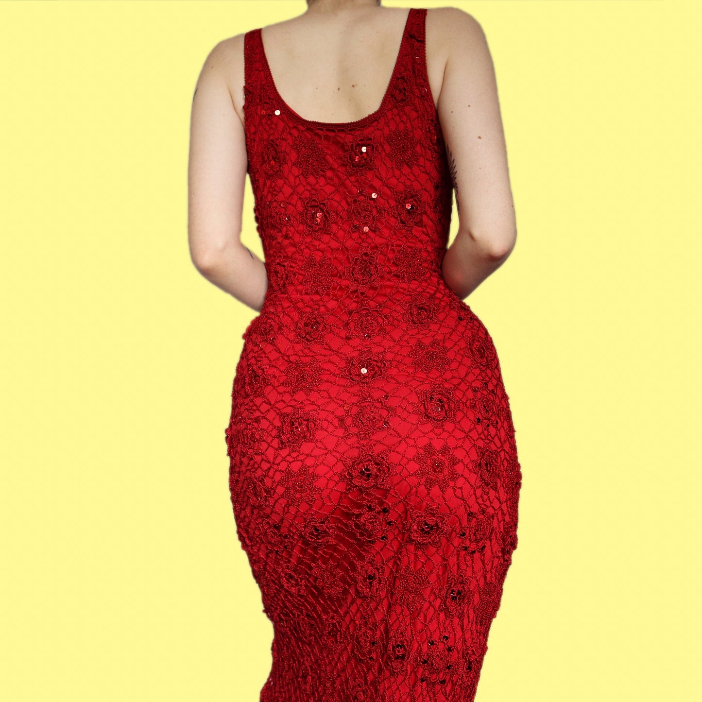 Stunning red crochet sequin stretch evening dress UK M