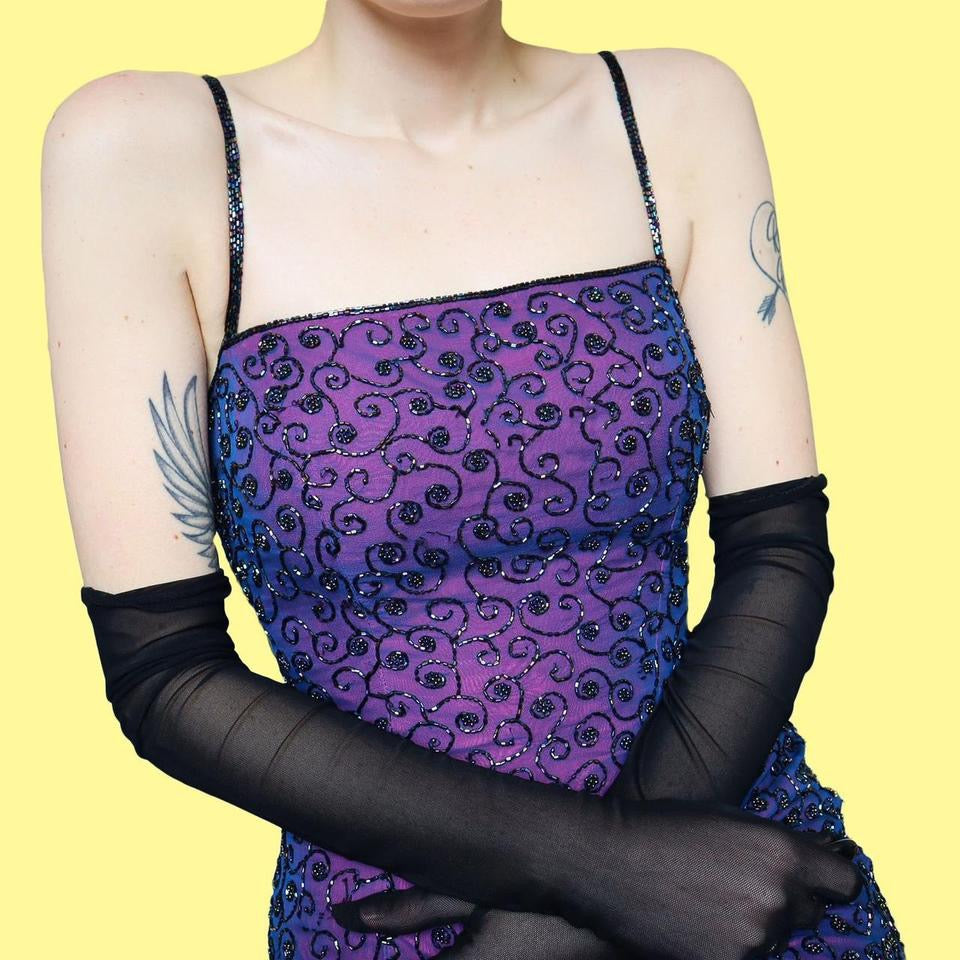 Purple 100% silk beaded evening dress UK 10-12