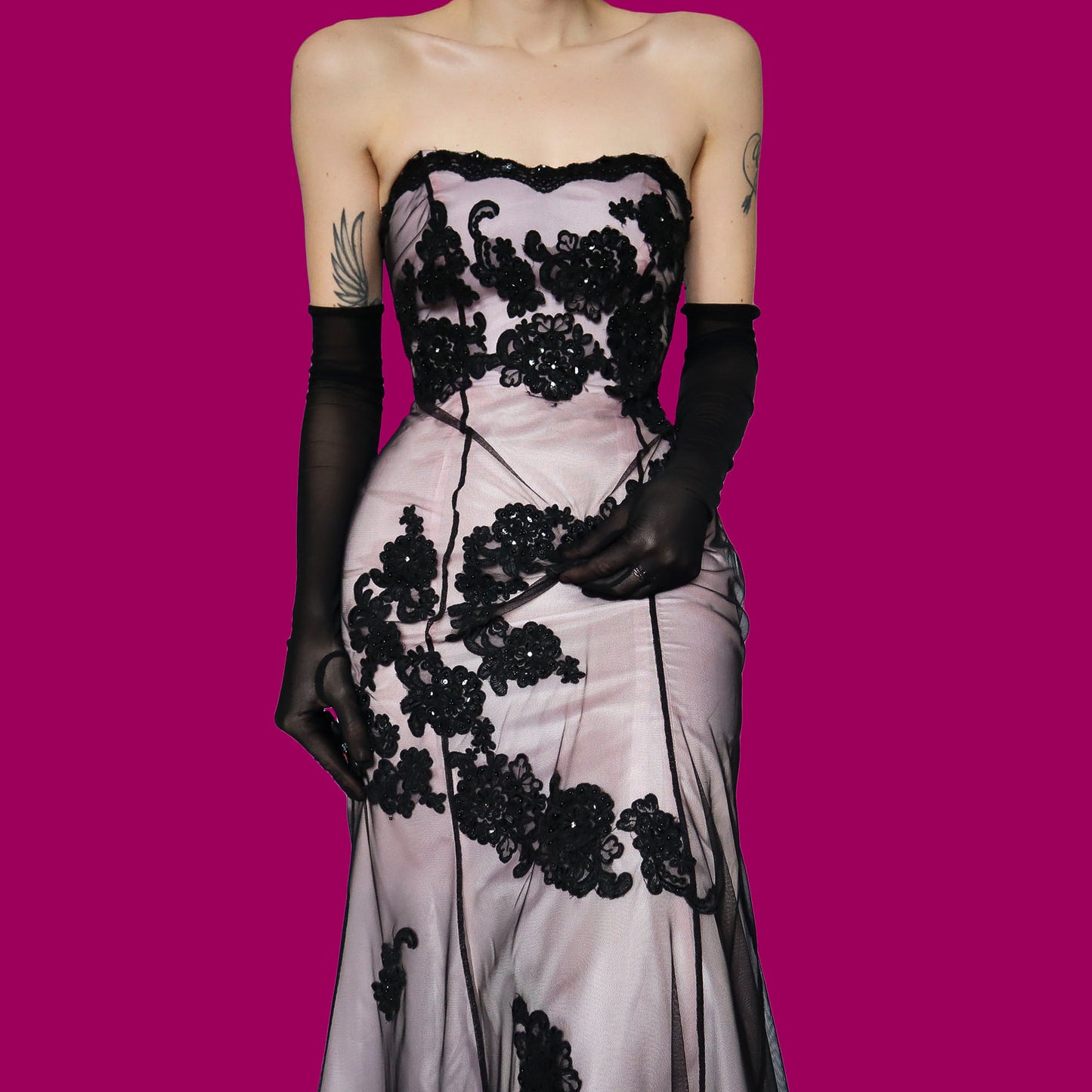 Pink strapless lace fishtail evening dress UK 8