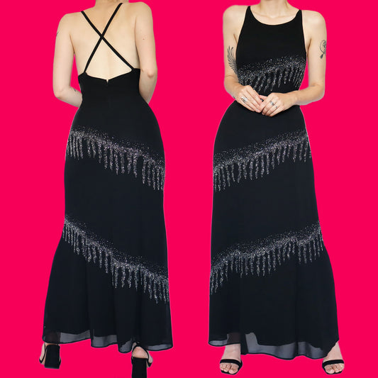 Beautiful YVE black beaded evening dress UK 14