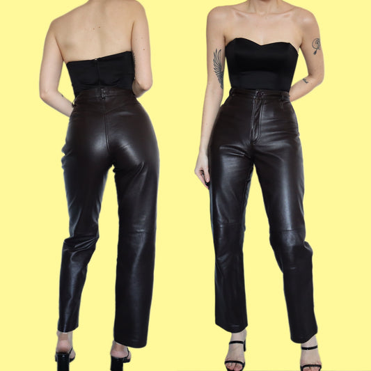 Stunning chic brown 100% real leather trousers UK 12