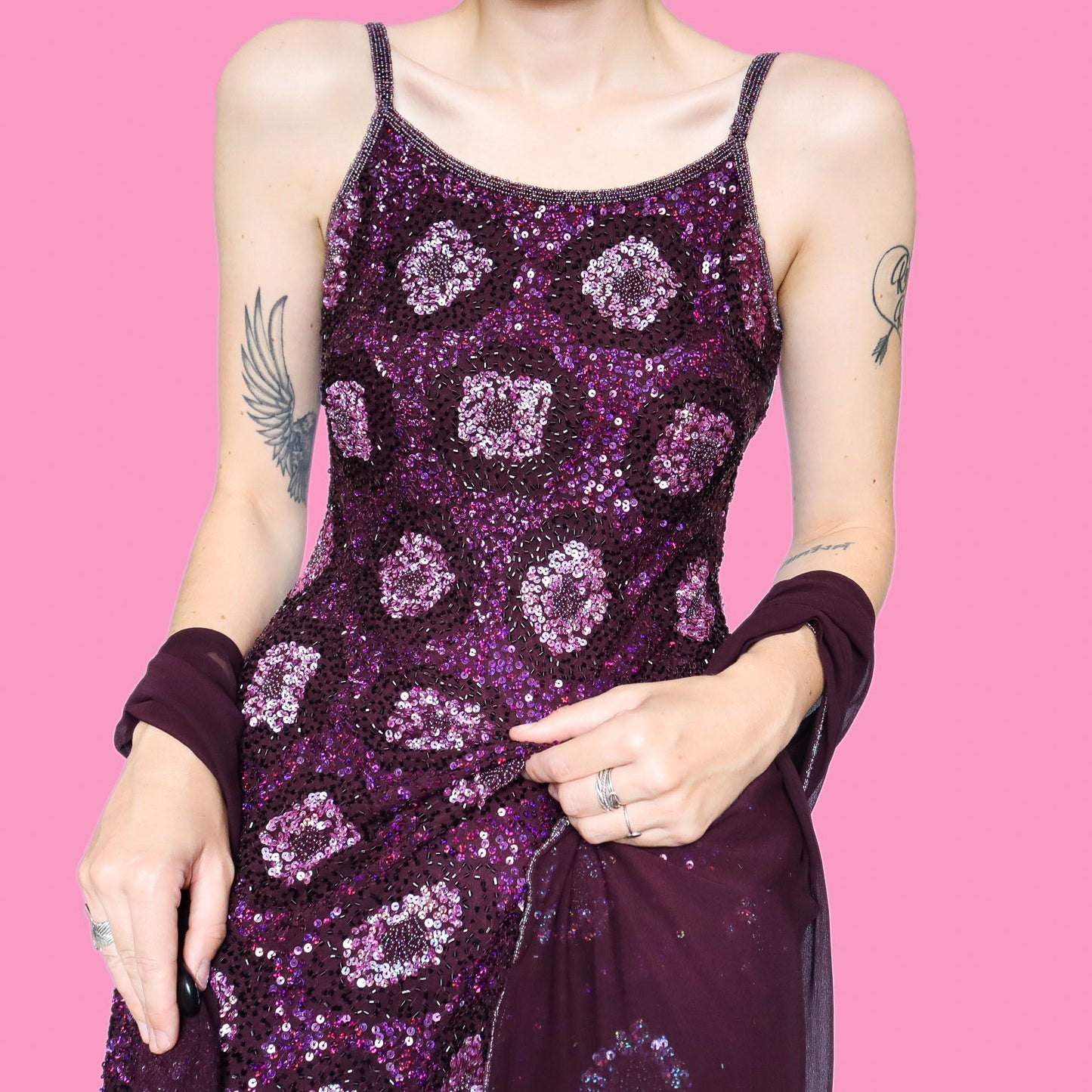 Purple 100% silk sequin/beaded evening dress & shawl UK 10