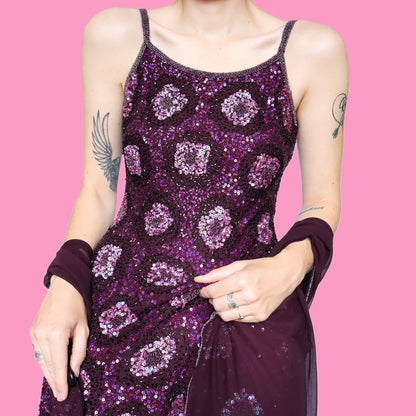 Purple 100% silk sequin/beaded evening dress & shawl UK 10