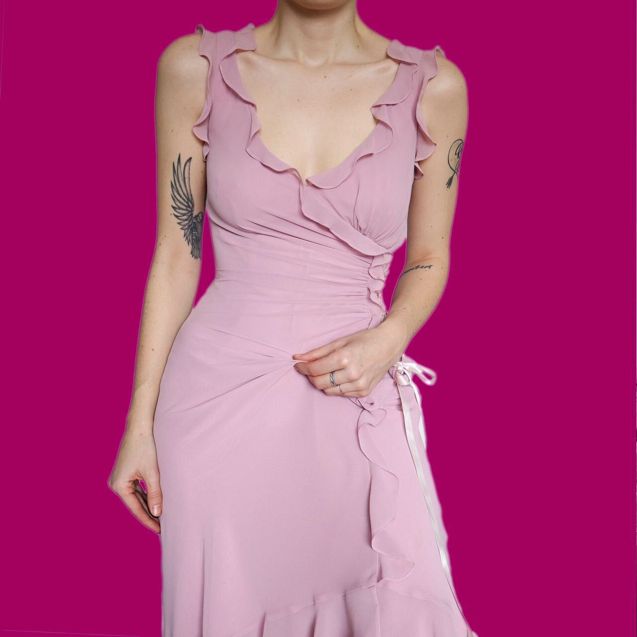 Cute dusky pink frilly midi evening dress UK 10