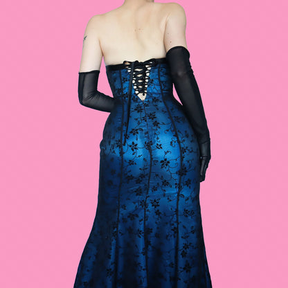 Blue floral glittery strapless evening dress UK 10