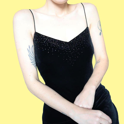 Black velvet beaded evening dress UK 8