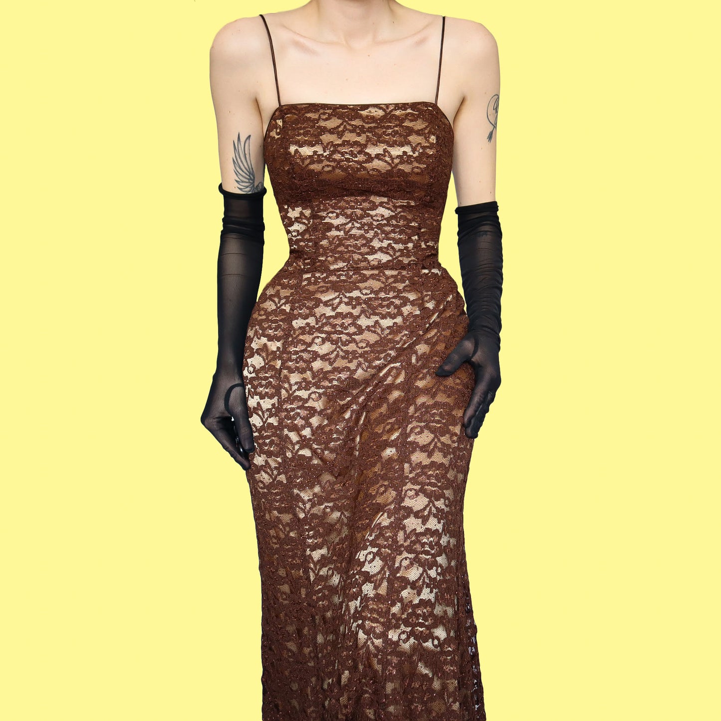 Dave & Johnny brown glittery lace evening dress UK 12