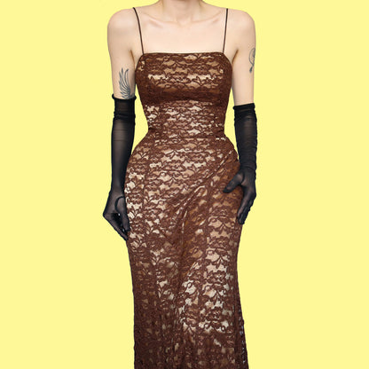 Dave & Johnny brown glittery lace evening dress UK 12