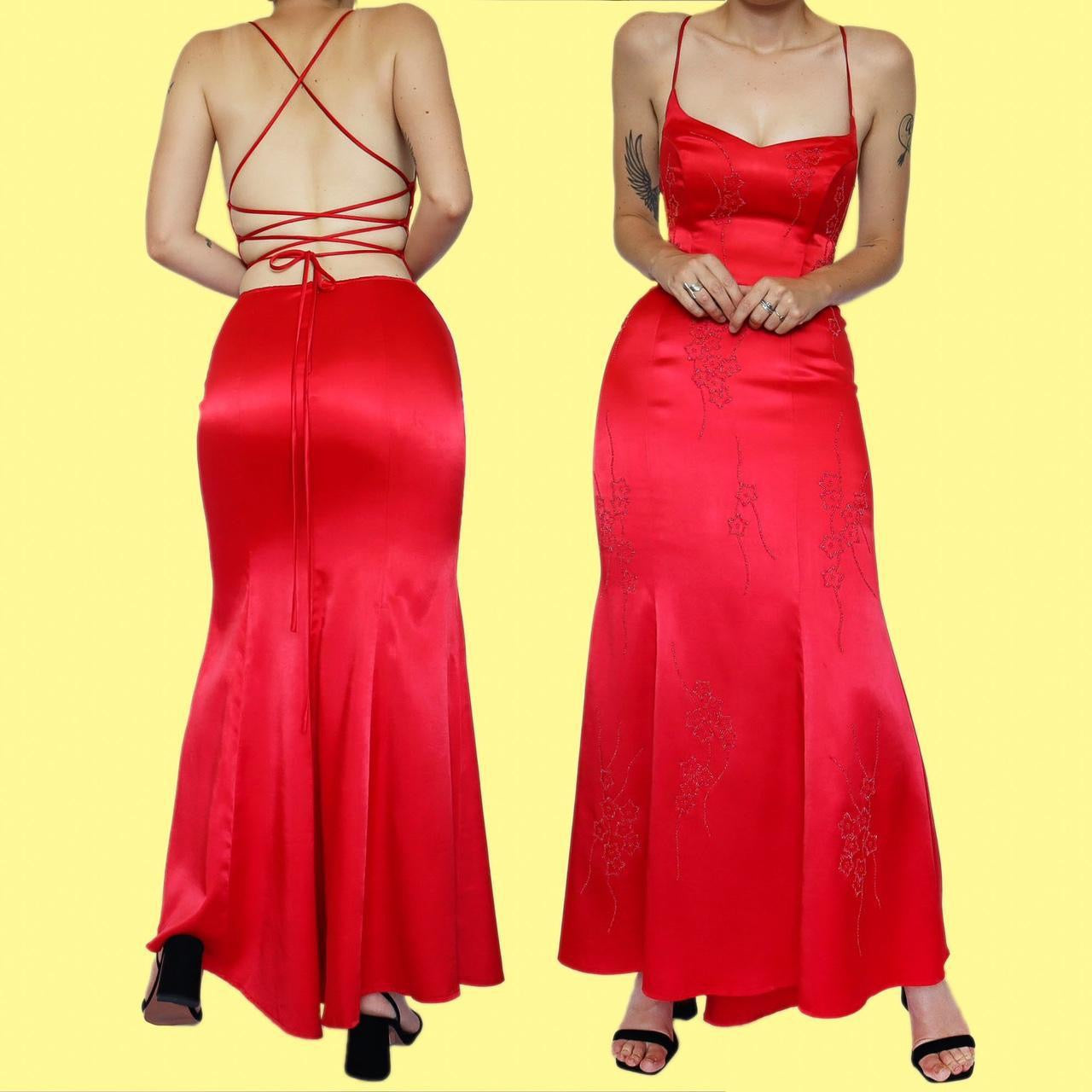Red beaded open back evening dress UK 8