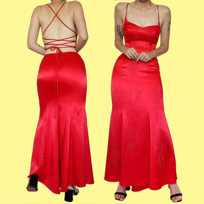 Red beaded open back evening dress UK 8