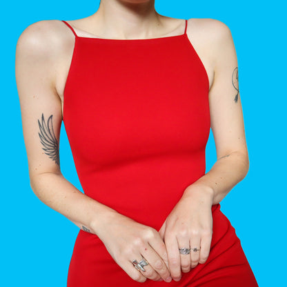 Red stretch lace up back evening dress UK 10