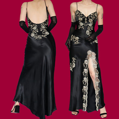 Black lace satin evening dress UK 10