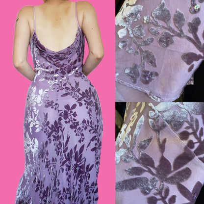 Lilac 100% silk devore slip evening dress UK 14