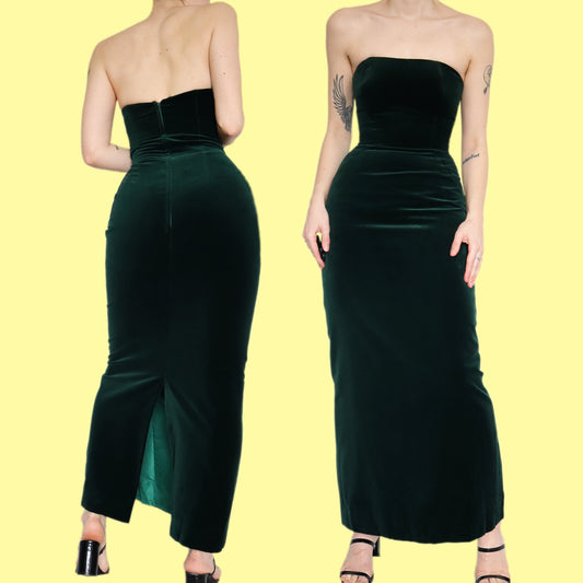 Chic green velvet strapless evening dress UK 12