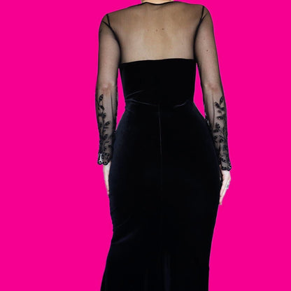 Chic black velvet stretch evening dress UK 14