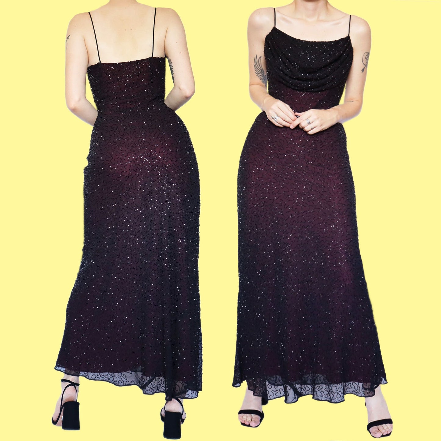 Black & red heavily beaded slip evening dress UK 12