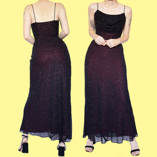 Black & red heavily beaded slip evening dress UK 12