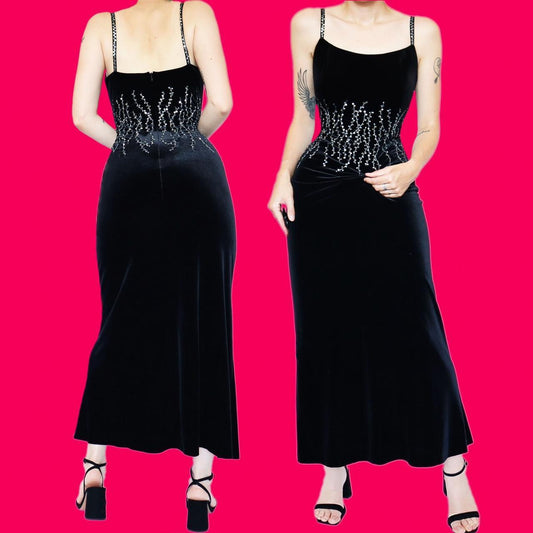 Black velvet sequin slip evening dress UK 12