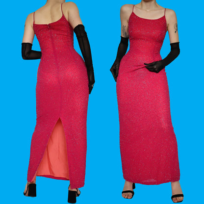 Fuchsia pink Marina beaded evening dress UK 12-14