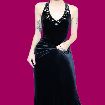 Black velvet gem detail evening dress UK 16