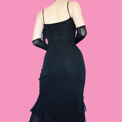 Black silk mix frilly evening dress UK 8 & UK 10