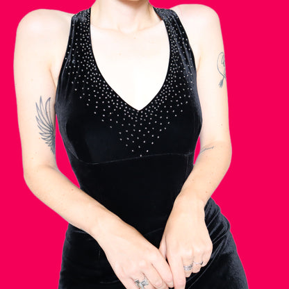 Black velvet stretch beaded evening dress UK 12, UK 14 & UK 16
