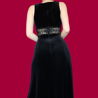 Beautiful black velvet a line sheer waist evening dress UK 12