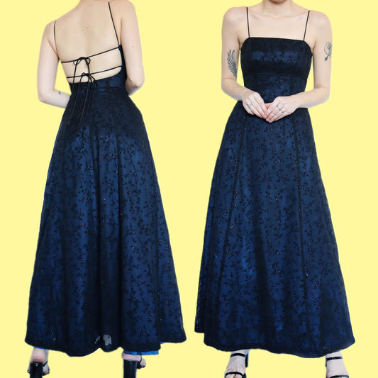 Beautiful blue glitter floral a line evening dress UK 8