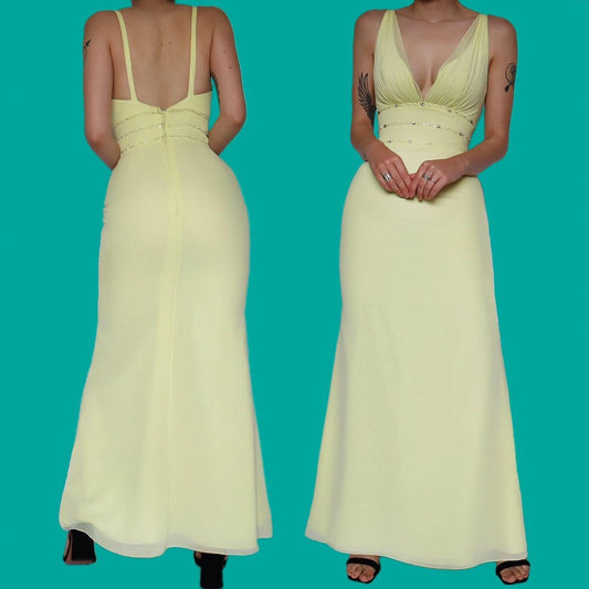 Beautiful lemon yellow chiffon evening dress UK 8