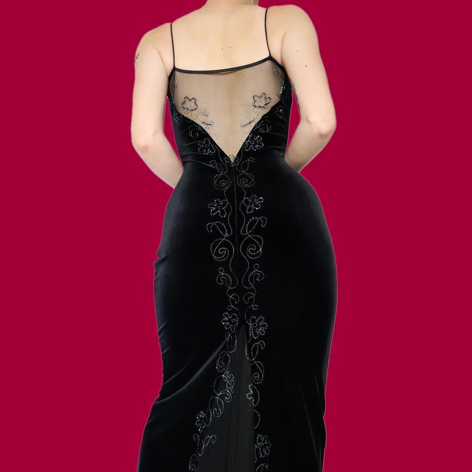 Petite black velvet stretch evening dress UK 8