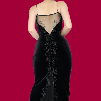 Petite black velvet stretch evening dress UK 8
