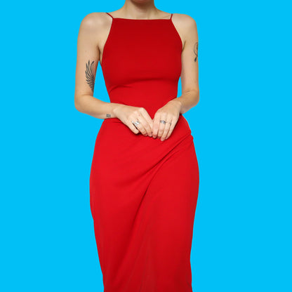 Red stretch lace up back evening dress UK 10