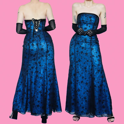 Blue floral glittery strapless evening dress UK 10