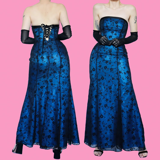 Blue floral glittery strapless evening dress UK 10