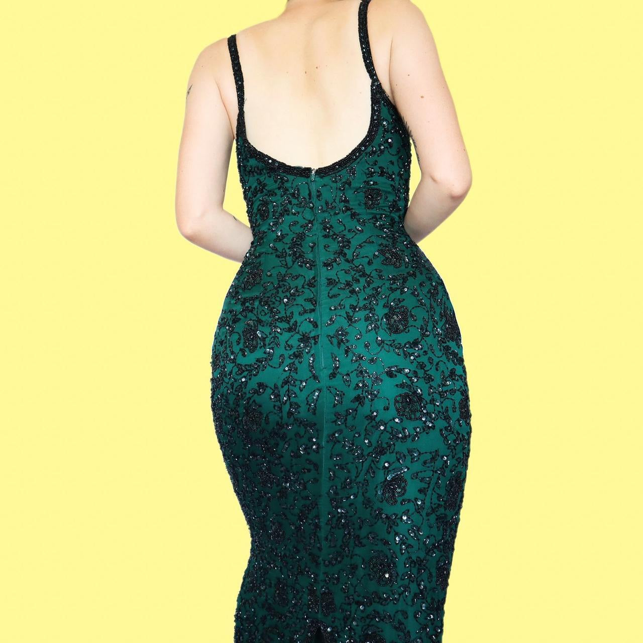 Green 100% silk beaded evening dress UK 12