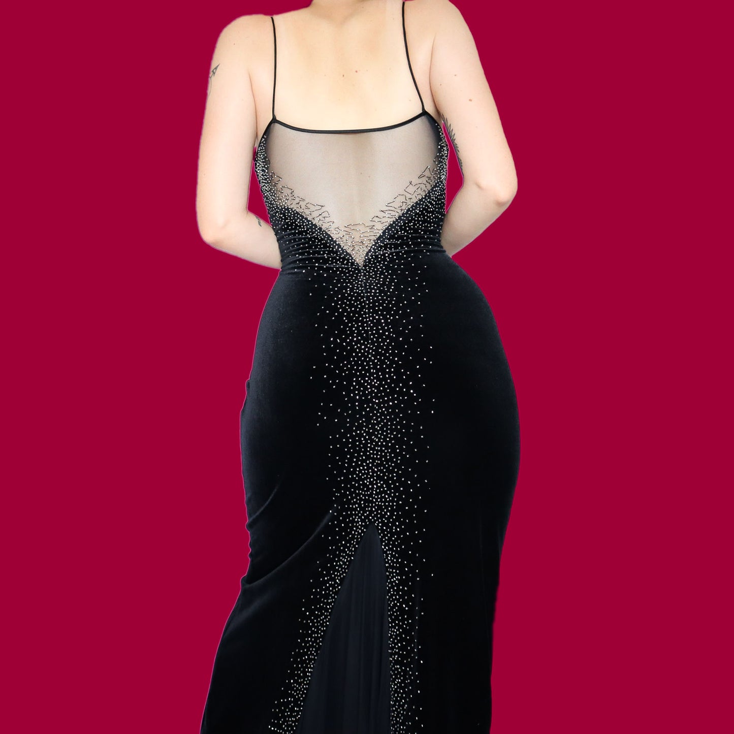 Black velvet beaded stretch evening dress UK 12 & UK 14