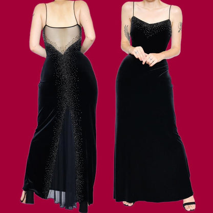 Black velvet stretch beaded evening dress UK 12