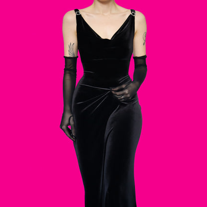 Black velvet stretch diamanté evening dress UK 12
