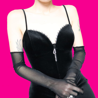 Black velvet diamanté evening dress UK 12