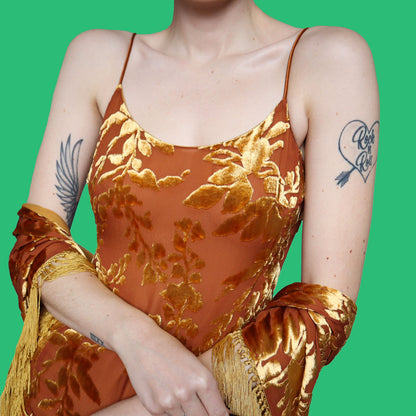 Golden velvet silk blend evening dress & shawl UK 10