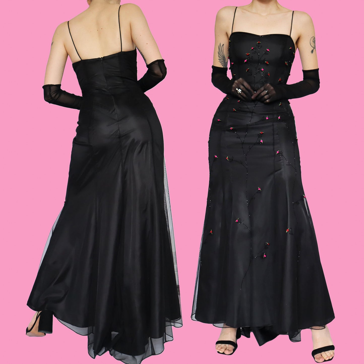 Black beaded rose evening dress UK 10