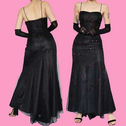 Black beaded rose evening dress UK 10