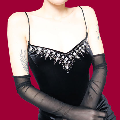 Black velvet gem detail evening dress UK 14