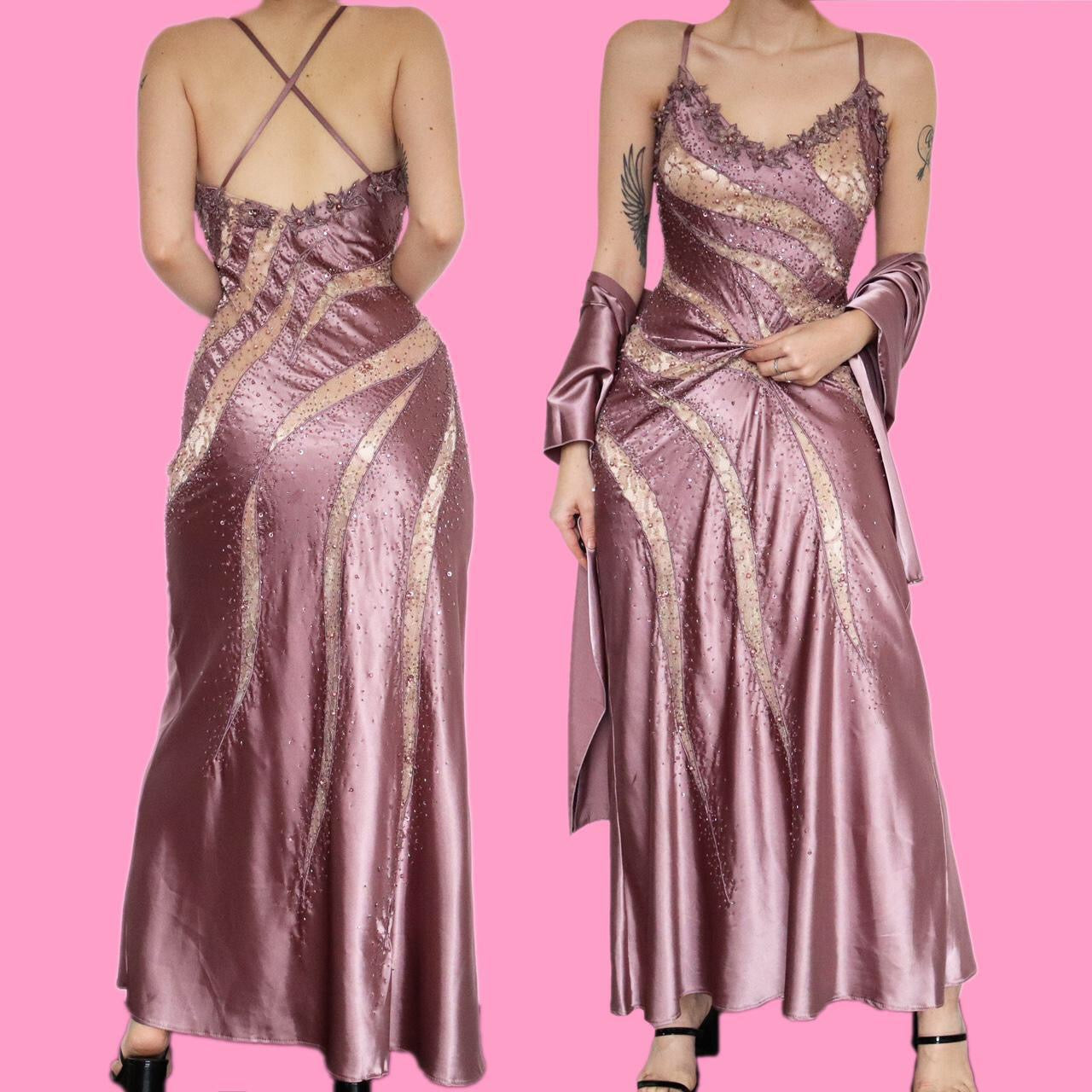 Stunning silky lilac beaded/lace evening dress with shawl UK S