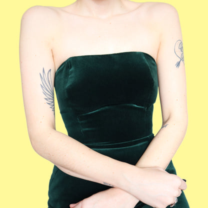 Chic green velvet strapless evening dress UK 12