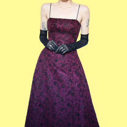 Burgundy glittery floral a line prom dress UK 10