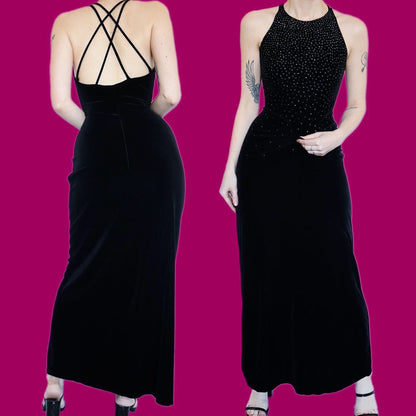 Super chic black glittery velvet evening party dress UK 10