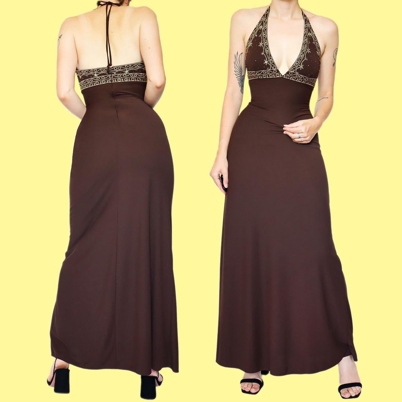 Brown stretch halter-neck evening dress UK 8