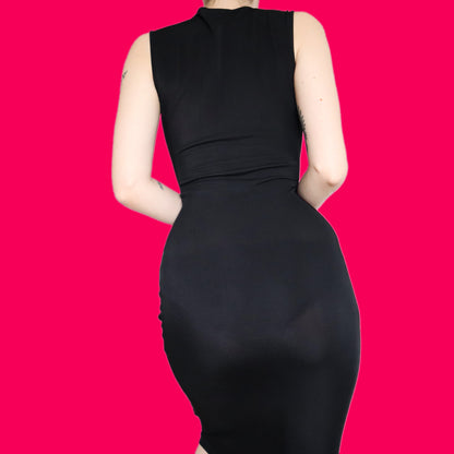 Sexy black stretch low cut midi dress UK 12